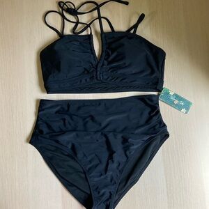 NWT Blooming Jelly Hi-Waisted Black Bikini Set, Size Large, Halter tie neck